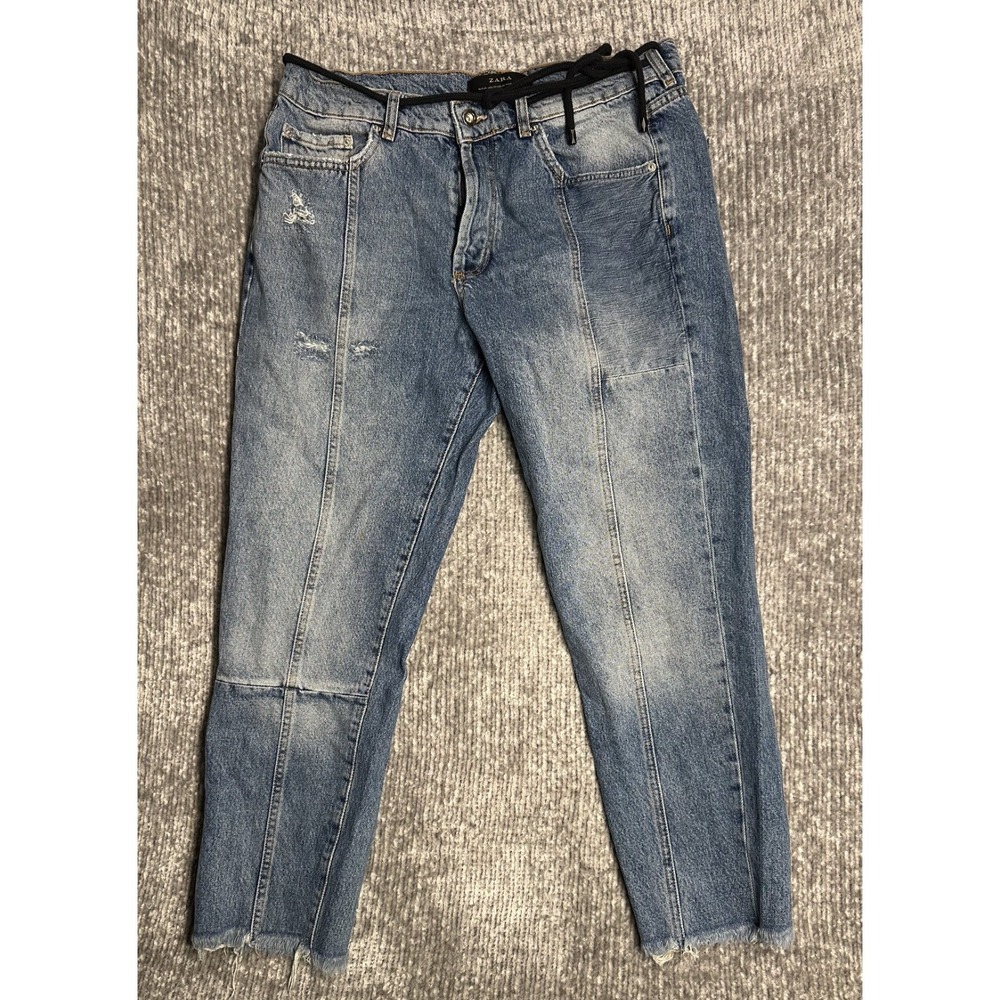 ZARA Jeans Mens 36 Dark Wash Distressed Ripped Button Fly Blue Denim